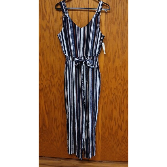 Derek Heart Blue White Striped Sleeveless Romper Jumpsuit Womens Large NEW - Picture 2 of 11